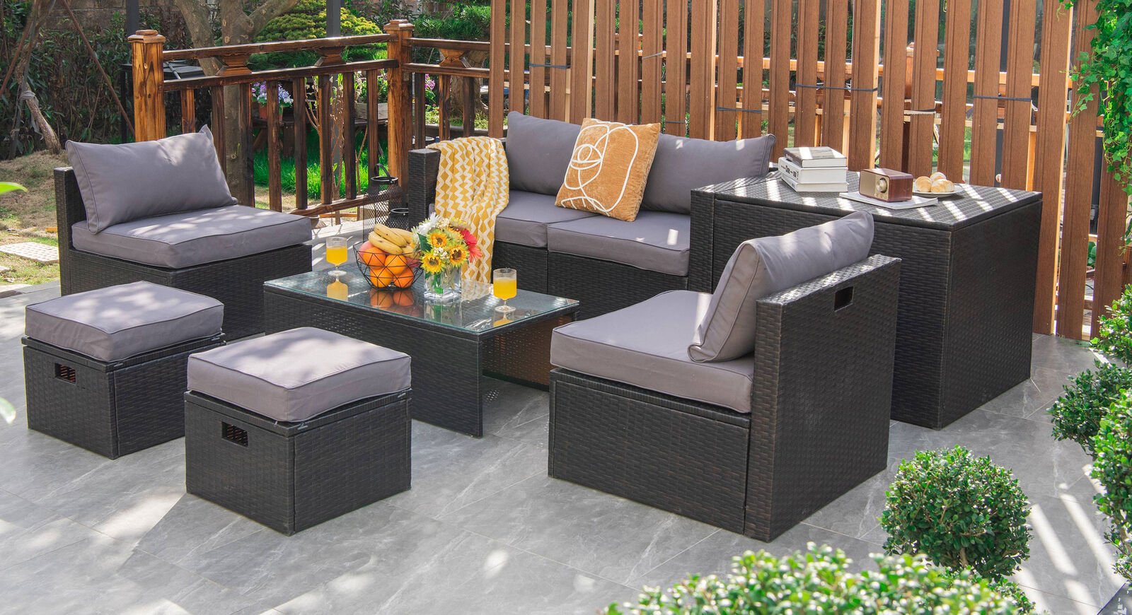 8 Pieces Patio Space-Saving Rattan Furniture Set with Storage Box and Waterproof Cover, Gray Outdoor Sectionals   at Gallery Canada