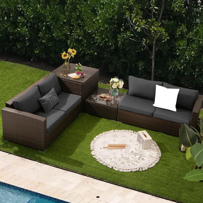 4 Pieces Patio Rattan Cushioned Furniture Set with Armrest and Storage Box, Brown - Gallery Canada