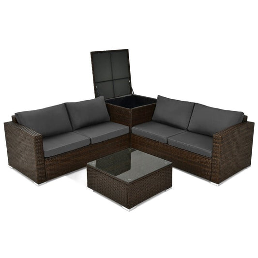 4 Pieces Patio Rattan Cushioned Furniture Set with Armrest and Storage Box, Brown Outdoor Sectionals   at Gallery Canada