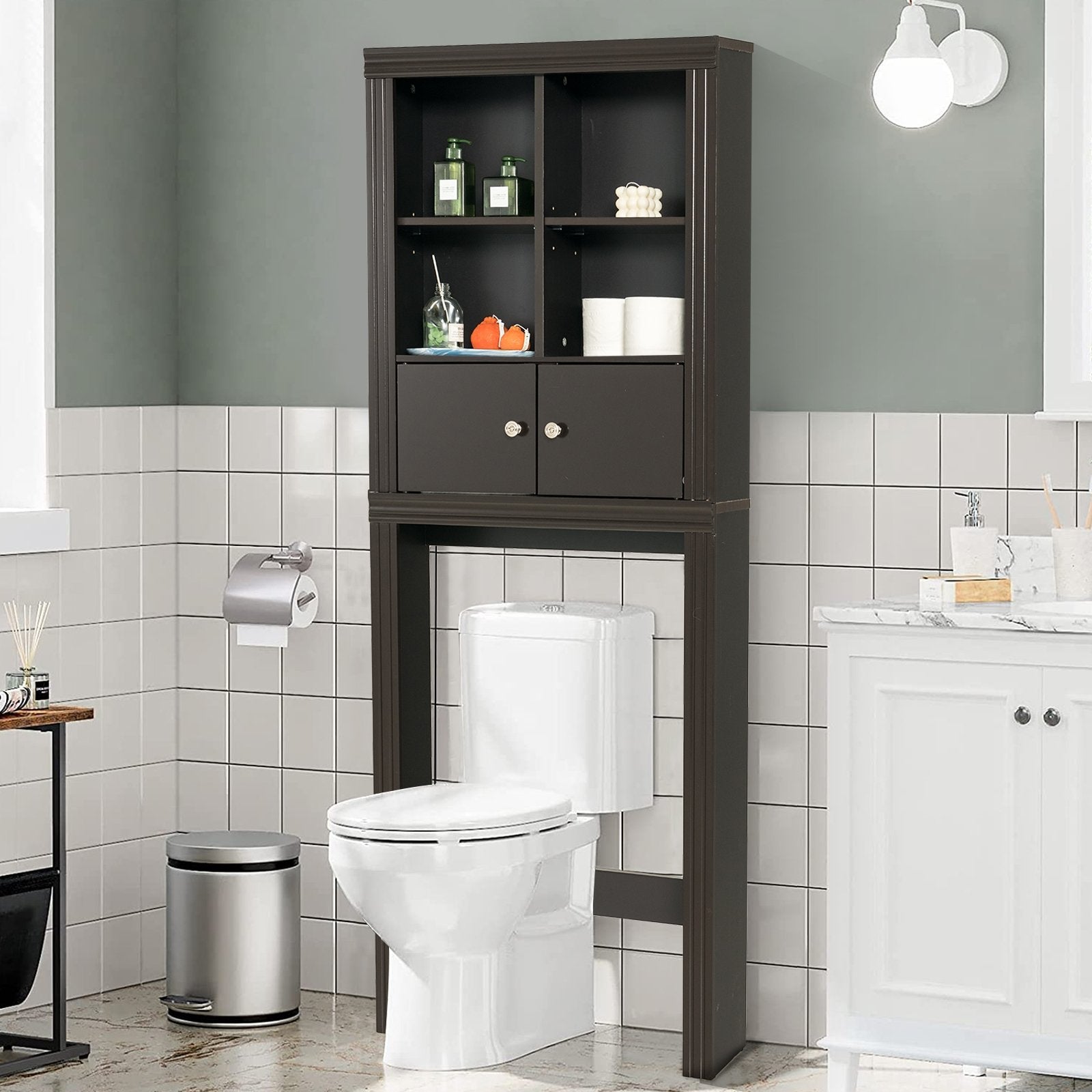 Over the Toilet Storage Cabinet with 4 Open Compartments, Brown Bathroom Etagere   at Gallery Canada