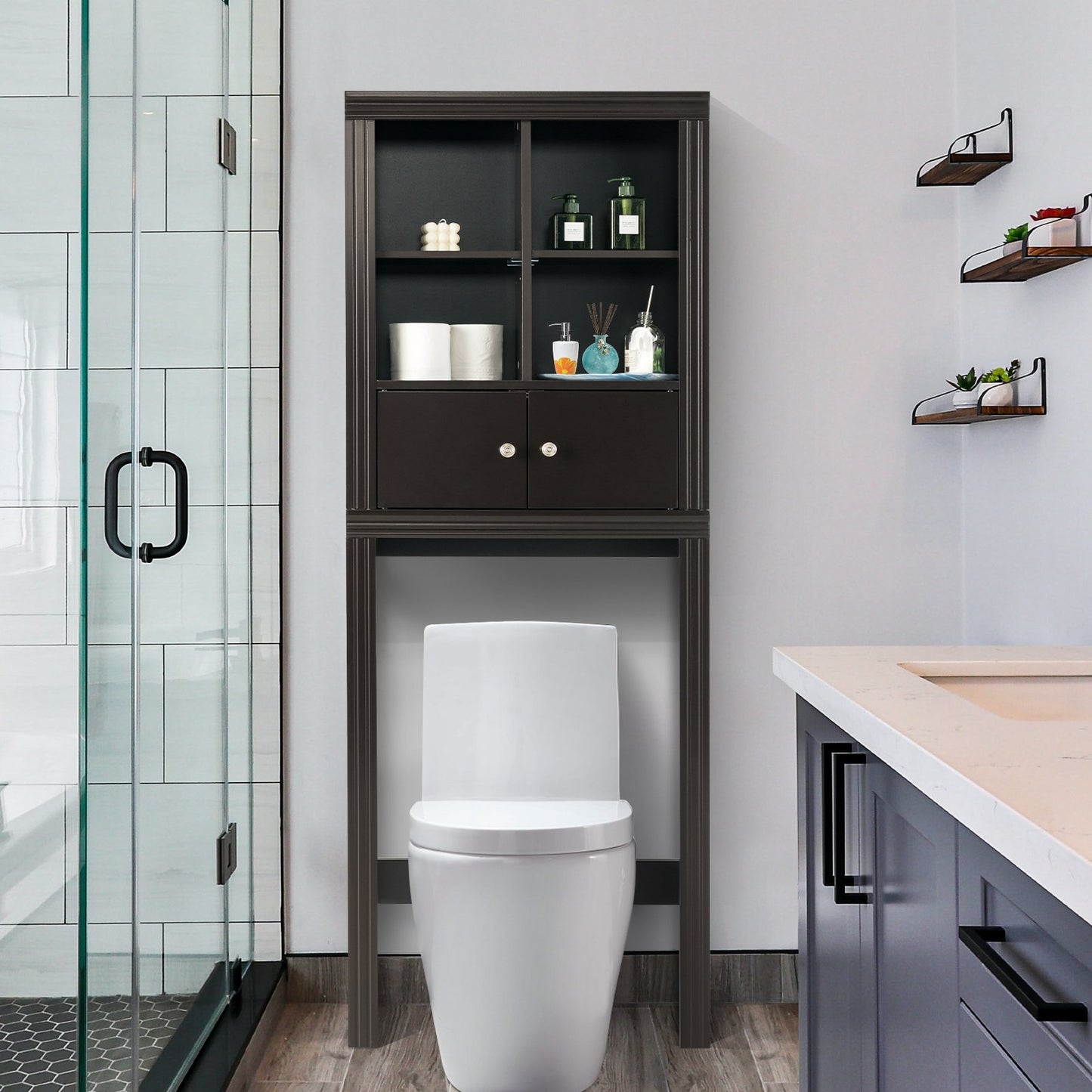 Over the Toilet Storage Cabinet with 4 Open Compartments, Brown Bathroom Etagere   at Gallery Canada