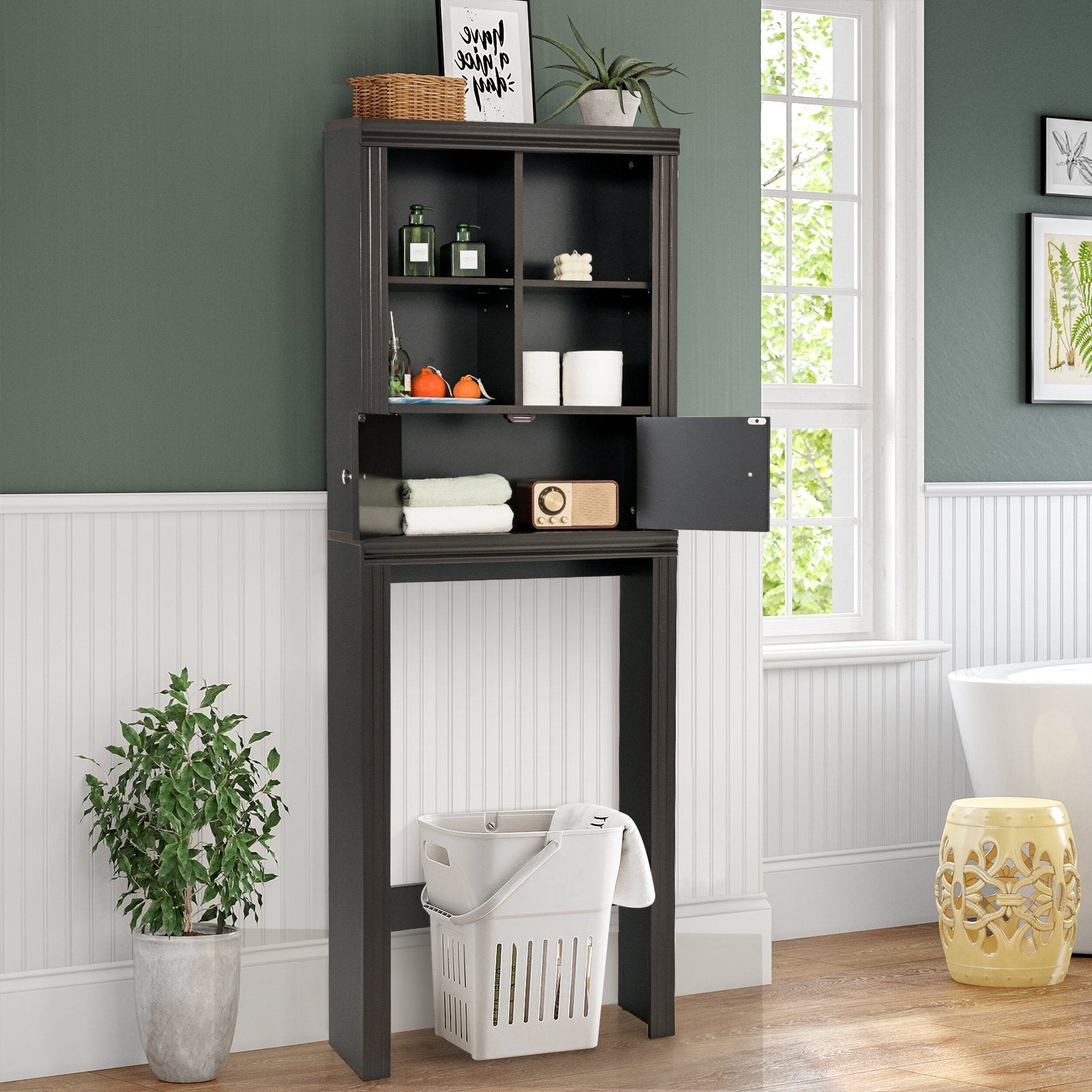 Over the Toilet Storage Cabinet with 4 Open Compartments, Brown Bathroom Etagere   at Gallery Canada