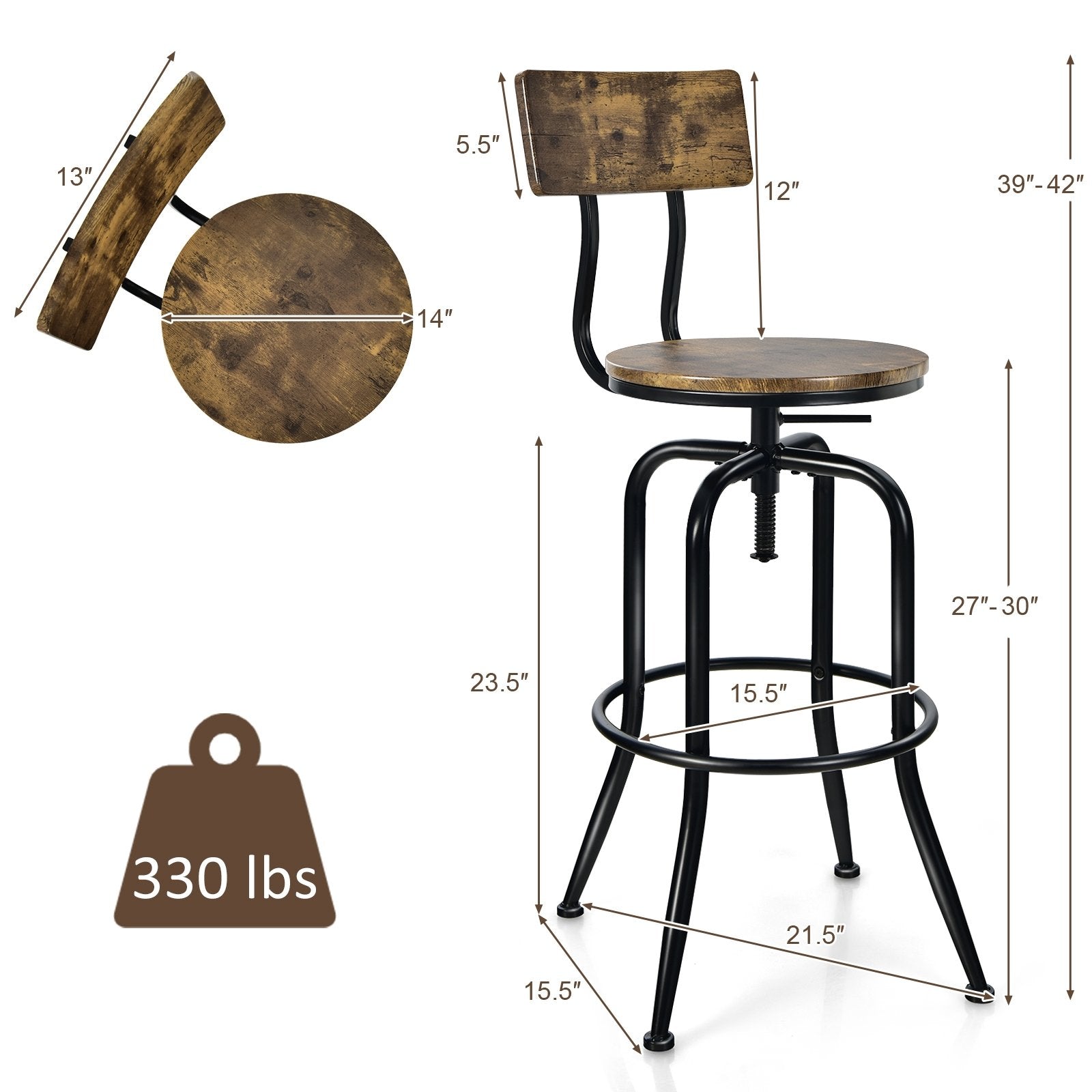 Adjustable Swivel Counter-Height Stool with Arc-Shaped Backrest, Rustic Brown Bar Stools   at Gallery Canada