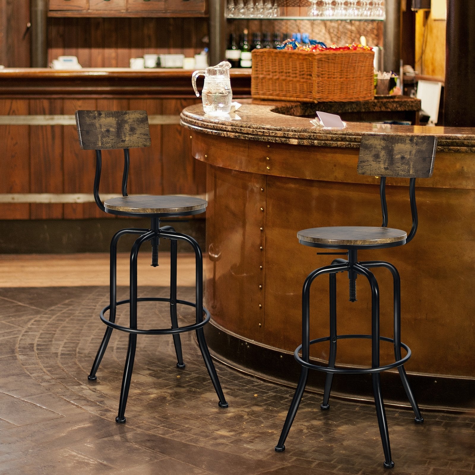 Adjustable Swivel Counter-Height Stool with Arc-Shaped Backrest, Rustic Brown Bar Stools   at Gallery Canada