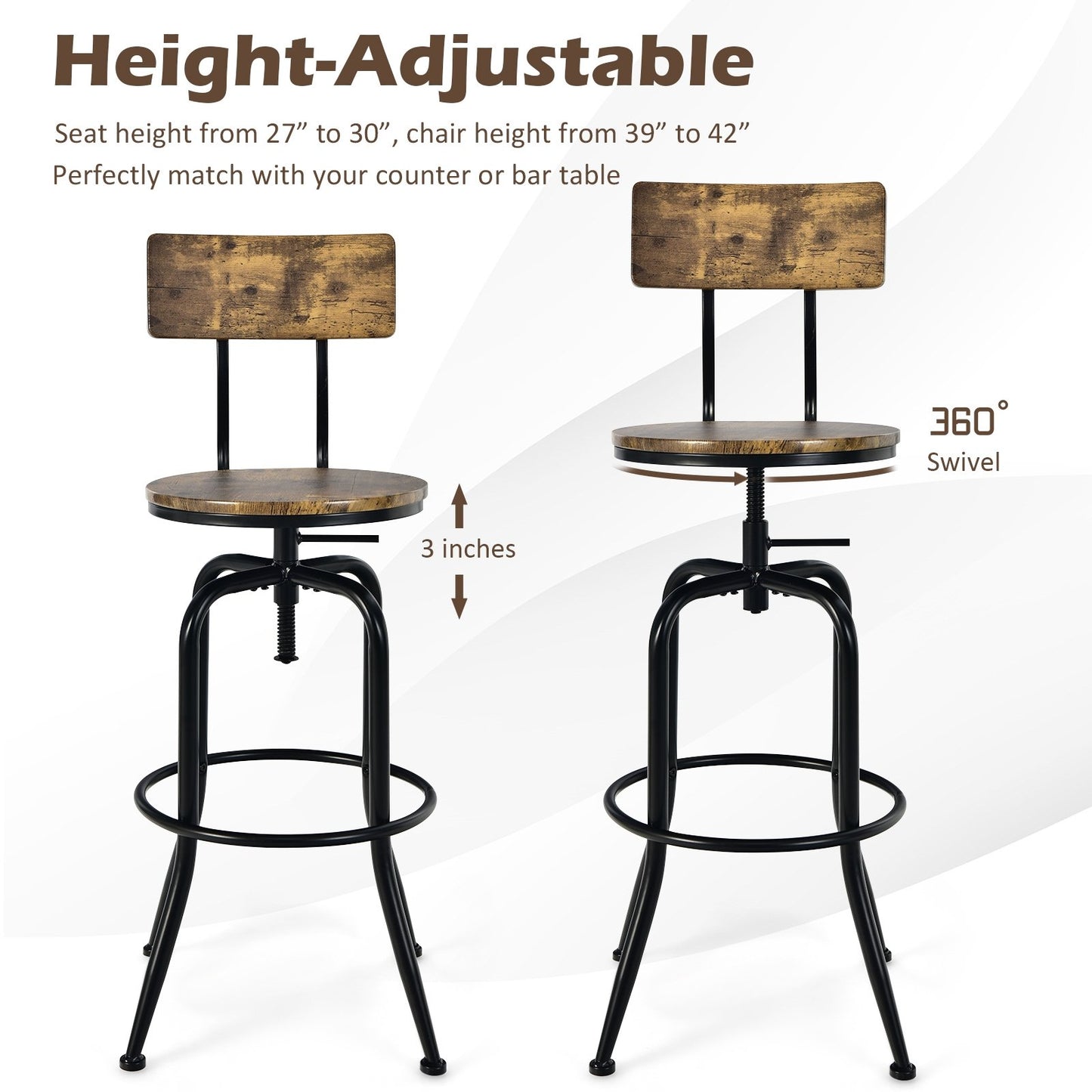 Adjustable Swivel Counter-Height Stool with Arc-Shaped Backrest, Rustic Brown Bar Stools   at Gallery Canada