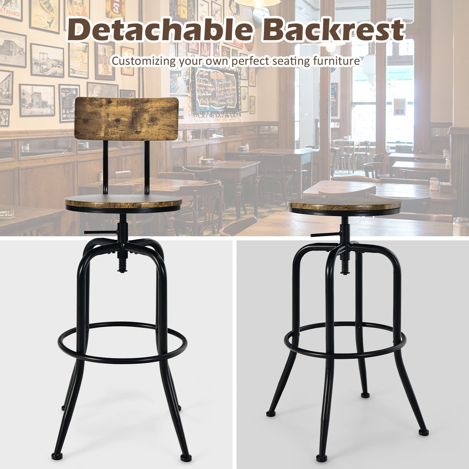 Adjustable Swivel Counter-Height Stool with Arc-Shaped Backrest, Rustic Brown Bar Stools   at Gallery Canada