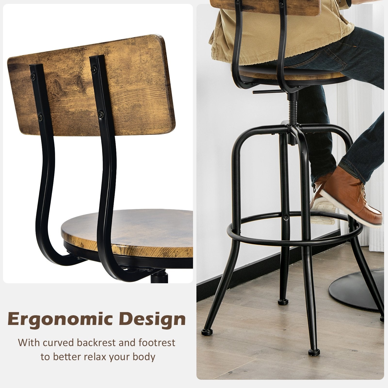 Adjustable Swivel Counter-Height Stool with Arc-Shaped Backrest, Rustic Brown Bar Stools   at Gallery Canada