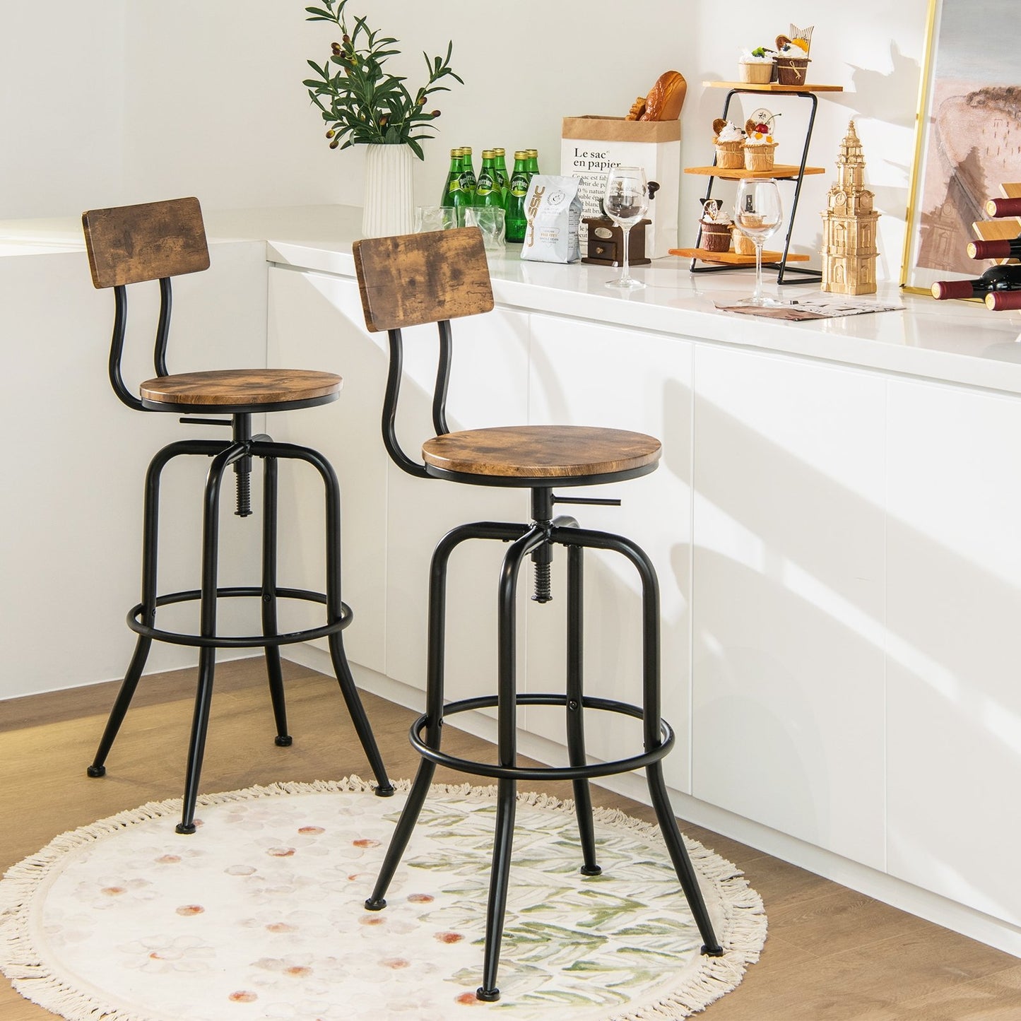 Adjustable Swivel Counter-Height Stool with Arc-Shaped Backrest, Rustic Brown Bar Stools   at Gallery Canada