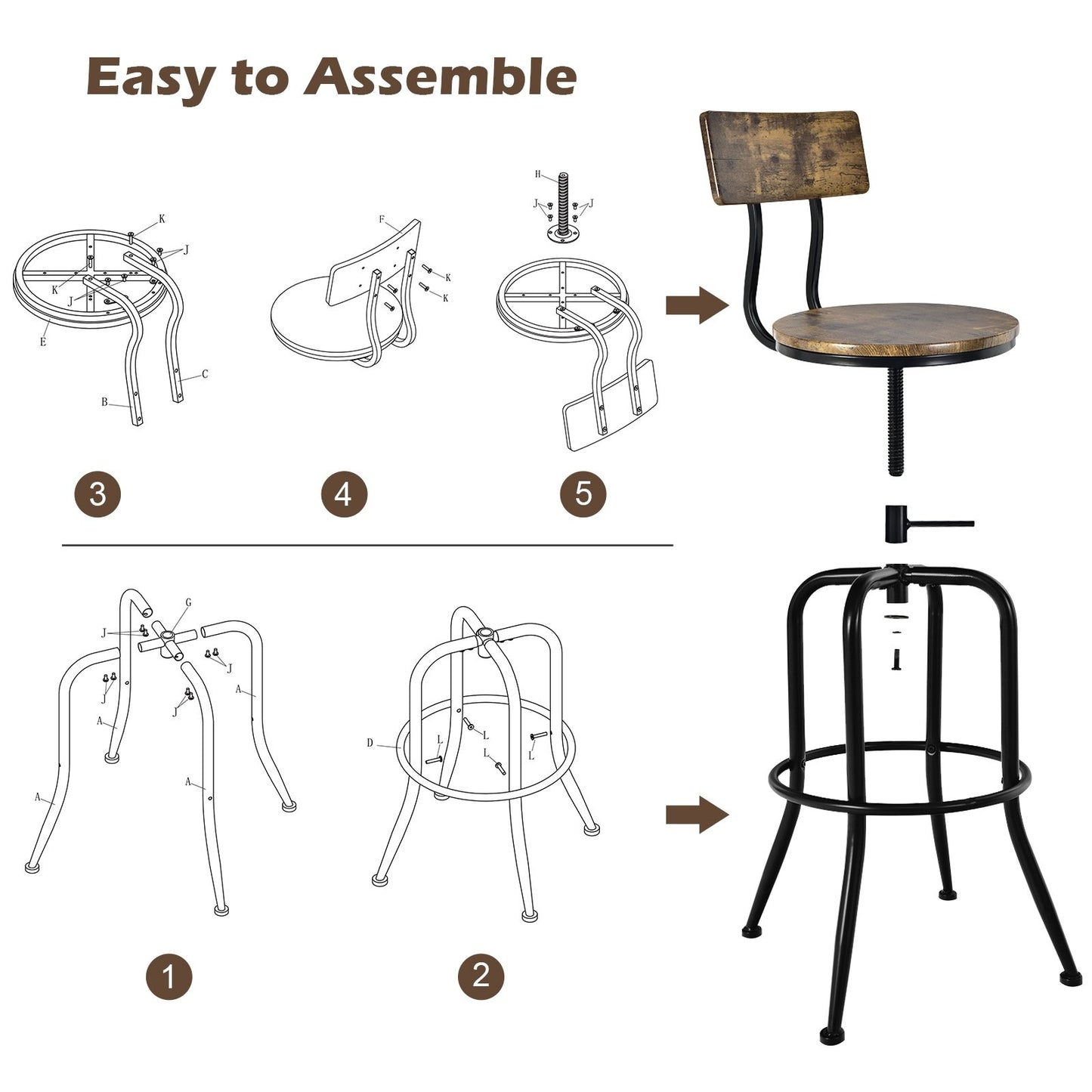 Adjustable Swivel Counter-Height Stool with Arc-Shaped Backrest, Rustic Brown Bar Stools   at Gallery Canada