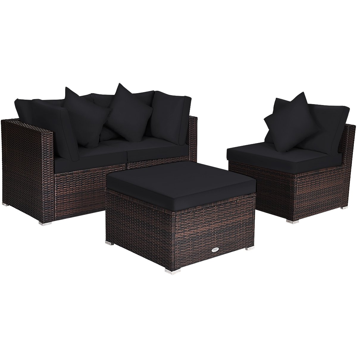 4 Pieces Ottoman Garden Patio Rattan Wicker Furniture Set with Cushion, Black Outdoor Sectionals   at Gallery Canada