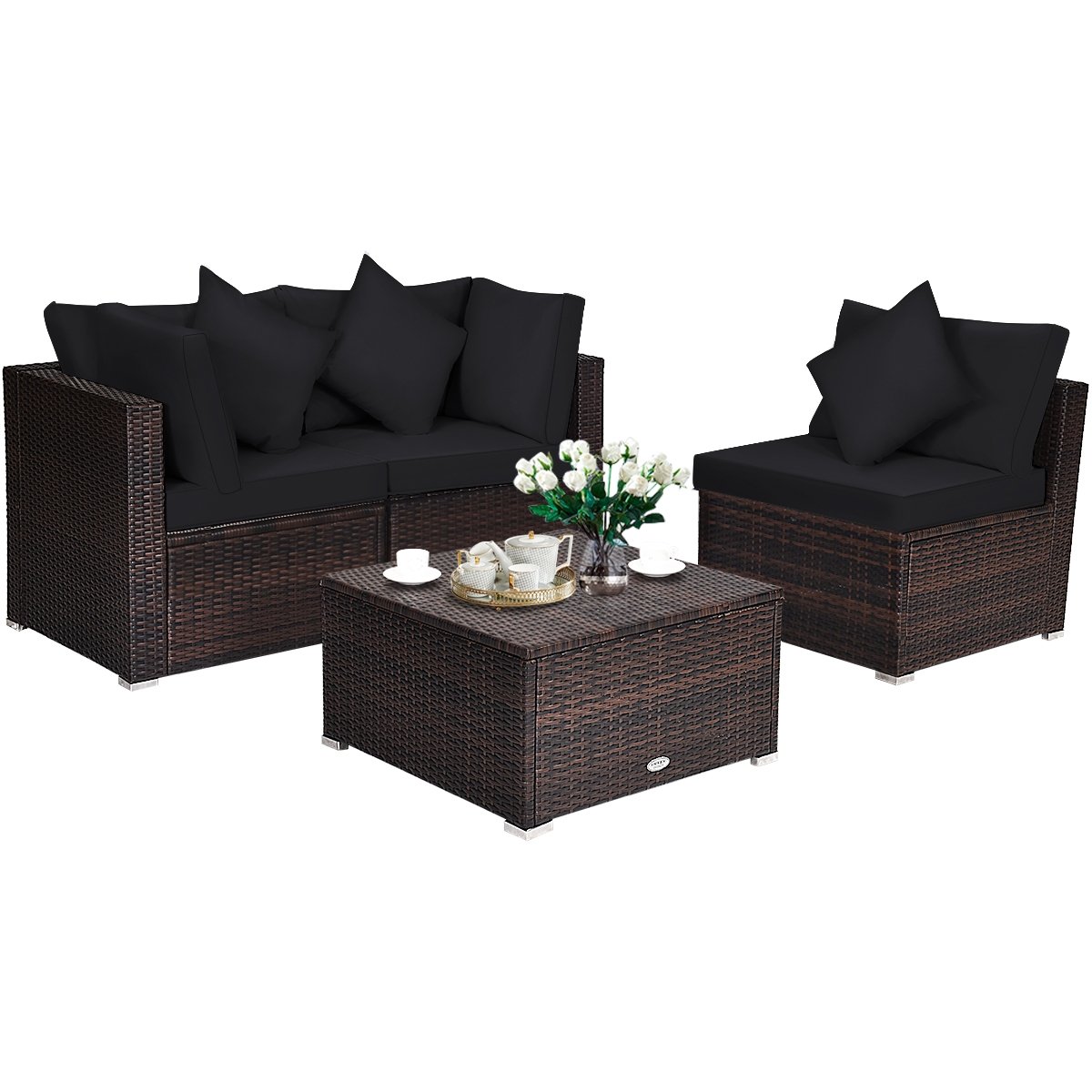 4 Pieces Ottoman Garden Patio Rattan Wicker Furniture Set with Cushion, Black Outdoor Sectionals   at Gallery Canada