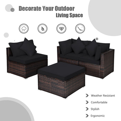 4 Pieces Ottoman Garden Patio Rattan Wicker Furniture Set with Cushion, Black Outdoor Sectionals   at Gallery Canada