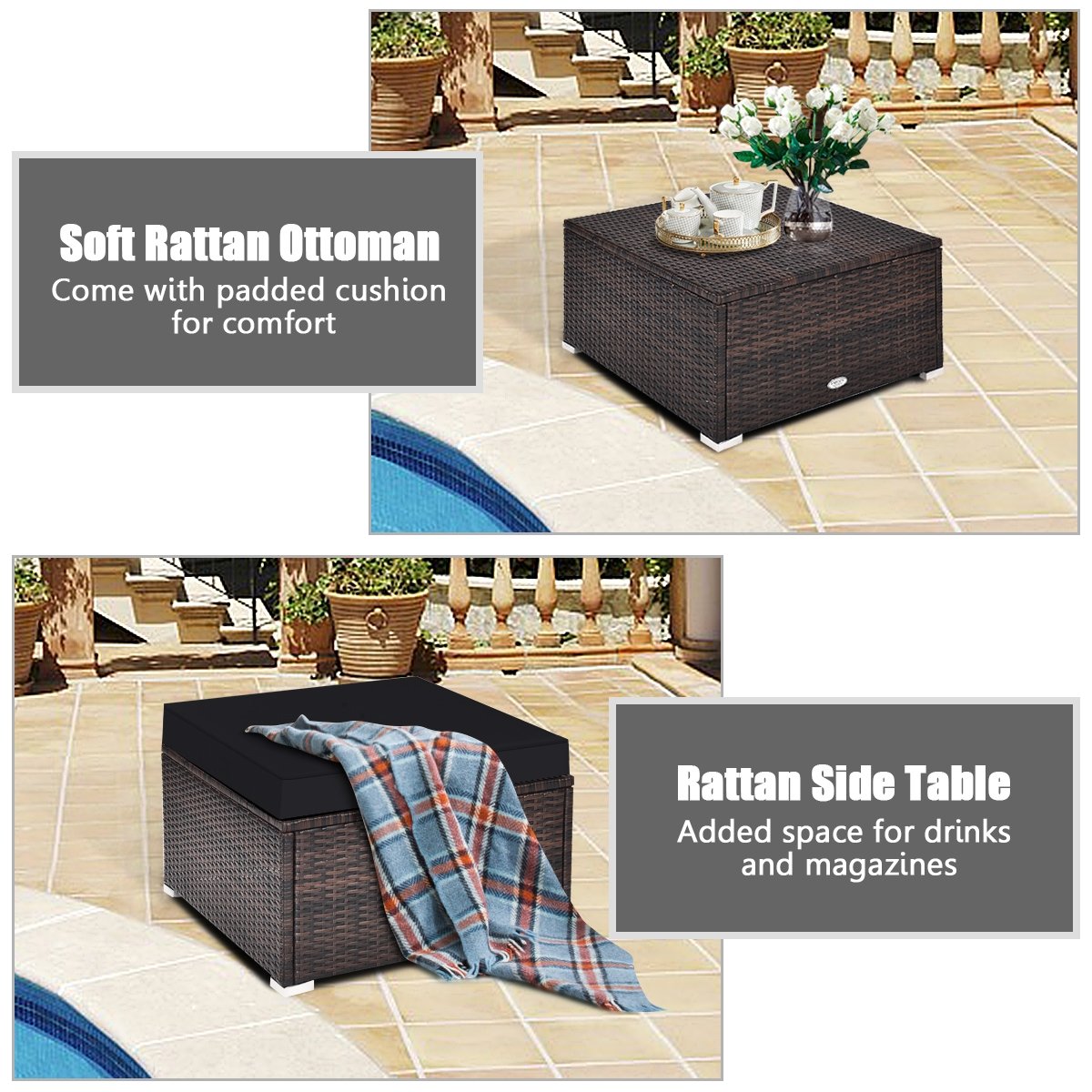 4 Pieces Ottoman Garden Patio Rattan Wicker Furniture Set with Cushion, Black Outdoor Sectionals   at Gallery Canada