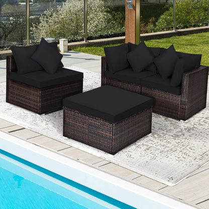 4 Pieces Ottoman Garden Patio Rattan Wicker Furniture Set with Cushion, Black Outdoor Sectionals   at Gallery Canada