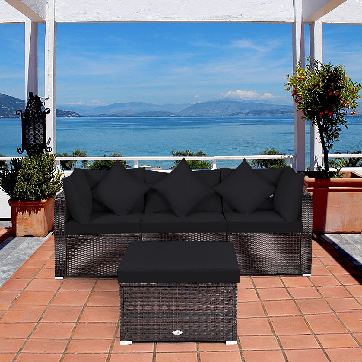 4 Pieces Ottoman Garden Patio Rattan Wicker Furniture Set with Cushion, Black Outdoor Sectionals   at Gallery Canada