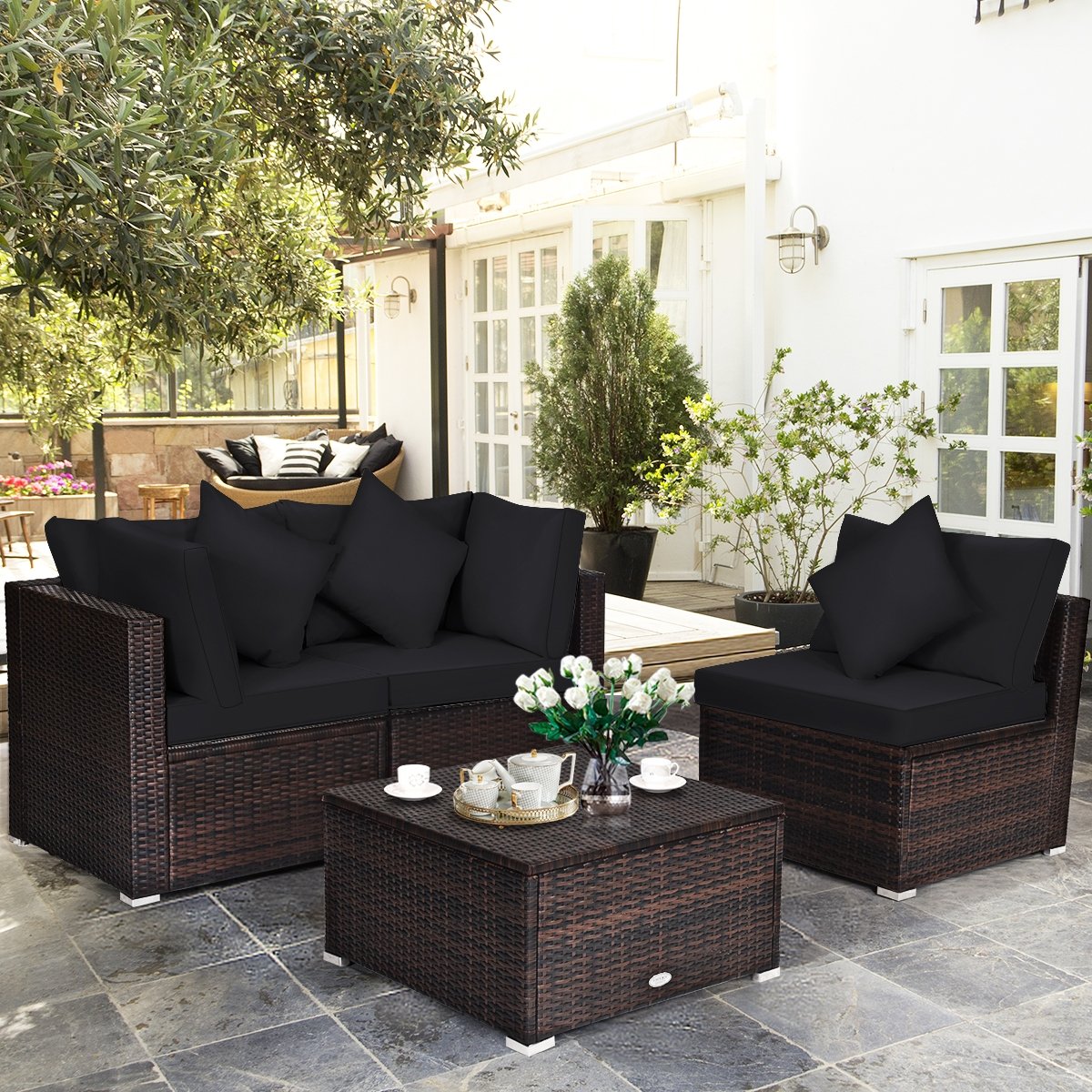 4 Pieces Ottoman Garden Patio Rattan Wicker Furniture Set with Cushion, Black Outdoor Sectionals   at Gallery Canada