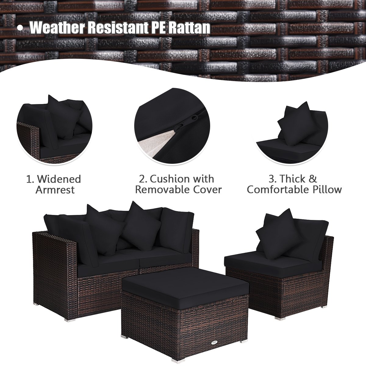 4 Pieces Ottoman Garden Patio Rattan Wicker Furniture Set with Cushion, Black Outdoor Sectionals   at Gallery Canada