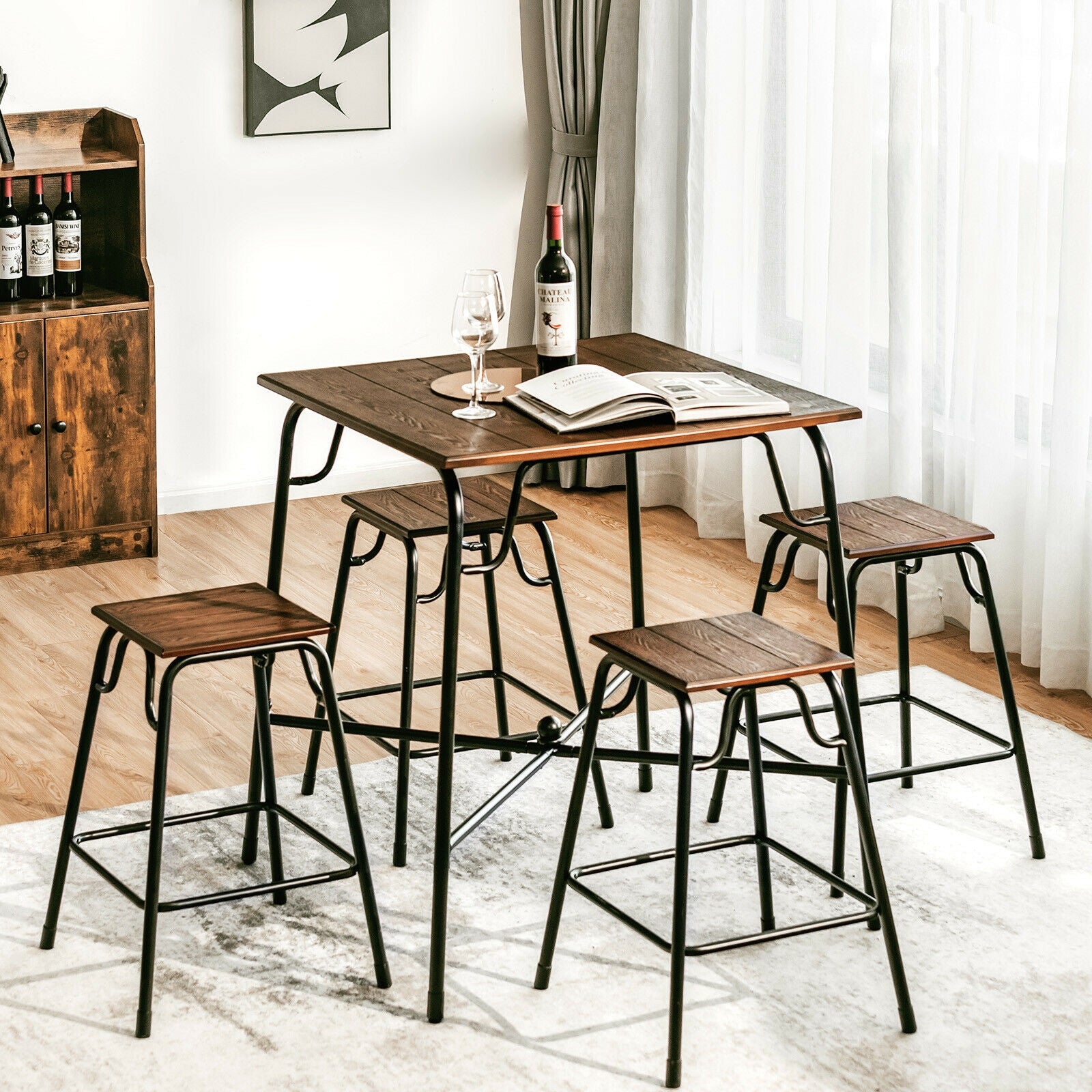 5 Pieces Bar Table Set with 4 Counter Height Backless Stools, Rustic Brown Patio Bar Furniture at Gallery Canada