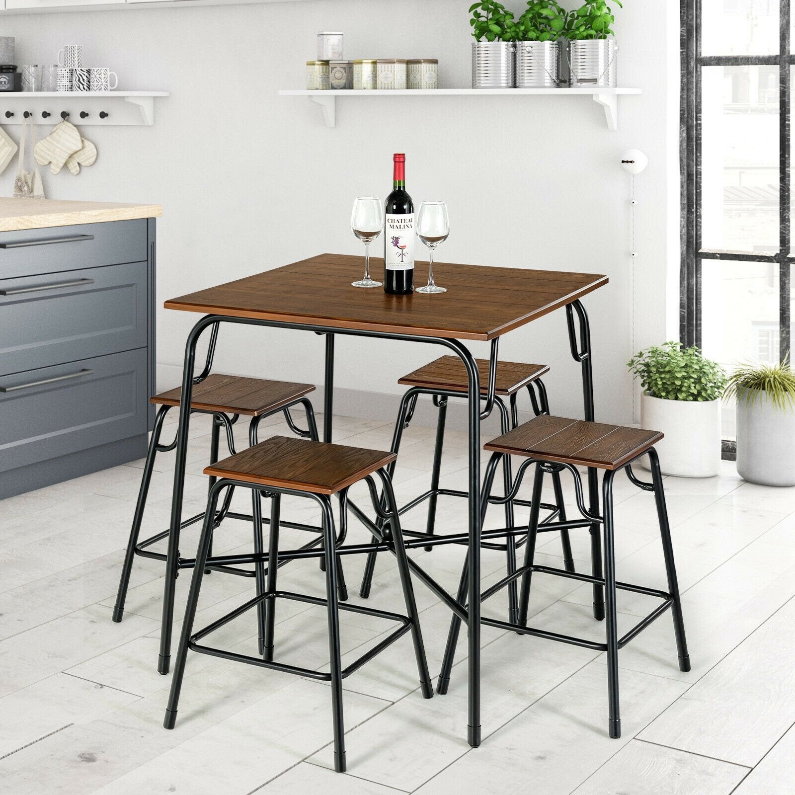 5 Pieces Bar Table Set with 4 Counter Height Backless Stools, Rustic Brown - Gallery Canada
