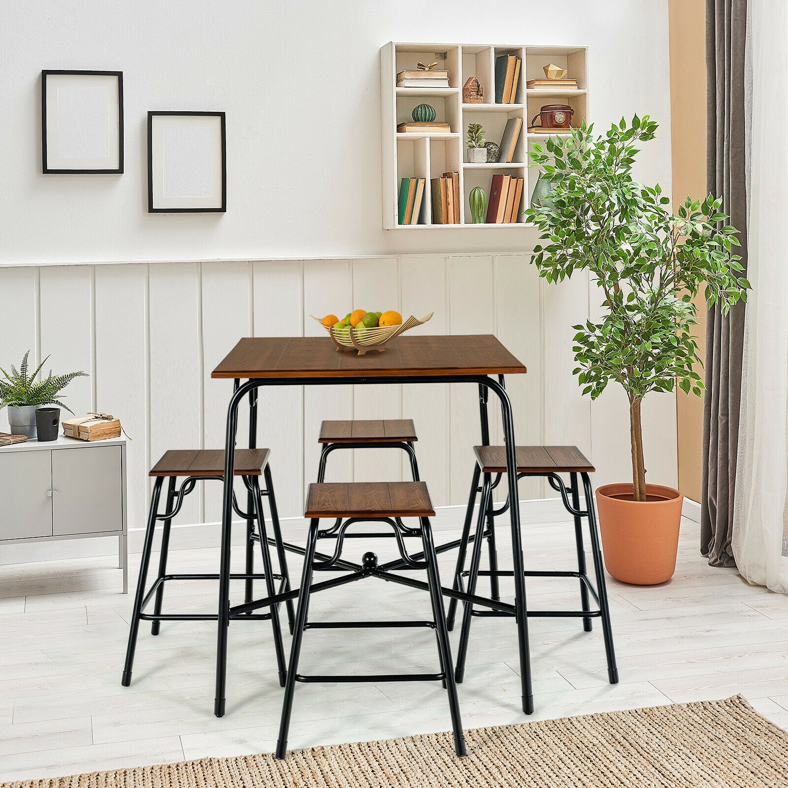 5 Pieces Bar Table Set with 4 Counter Height Backless Stools, Rustic Brown Patio Bar Furniture at Gallery Canada