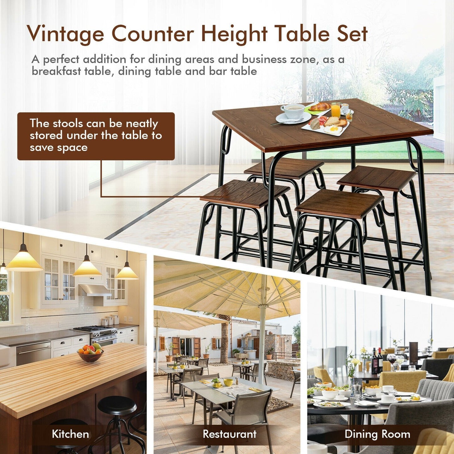 5 Pieces Bar Table Set with 4 Counter Height Backless Stools, Rustic Brown - Gallery Canada