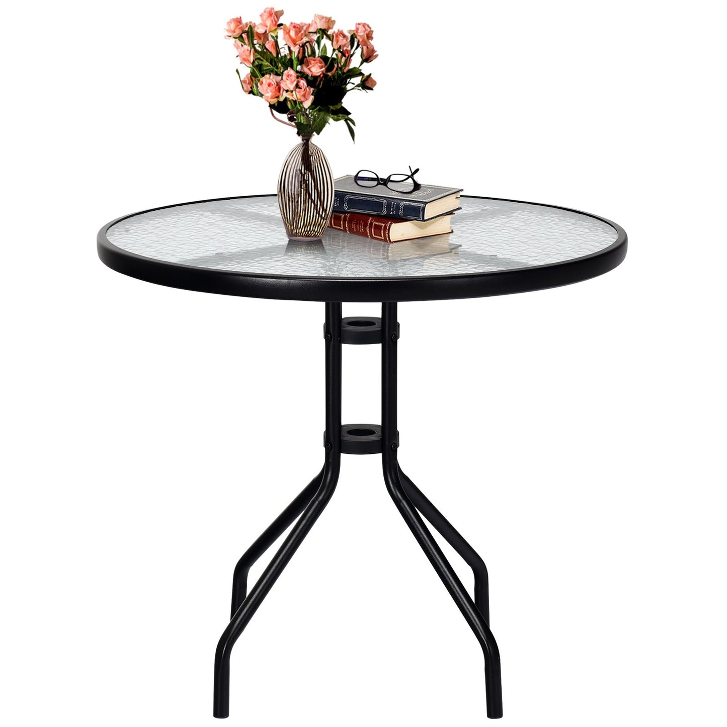 32 Inch Outdoor Patio Round Tempered Glass Top Table with Umbrella Hole, Transparent Patio Dining Tables   at Gallery Canada