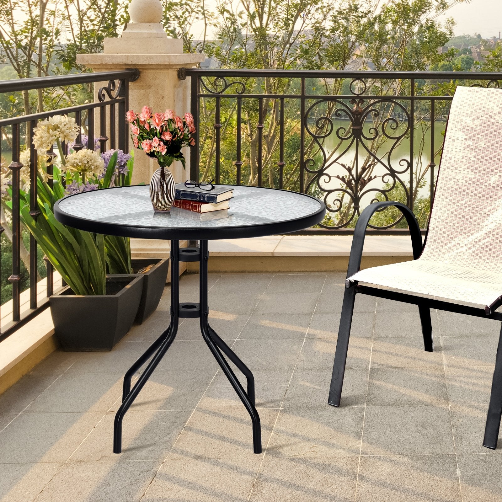 32 Inch Outdoor Patio Round Tempered Glass Top Table with Umbrella Hole, Transparent Patio Dining Tables   at Gallery Canada