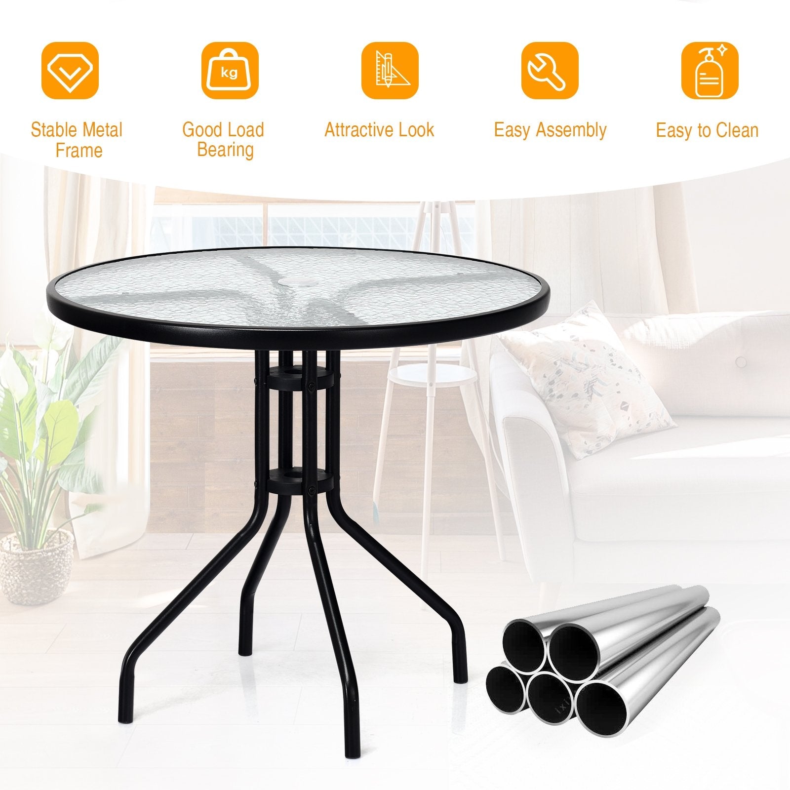 32 Inch Outdoor Patio Round Tempered Glass Top Table with Umbrella Hole, Transparent Patio Dining Tables   at Gallery Canada