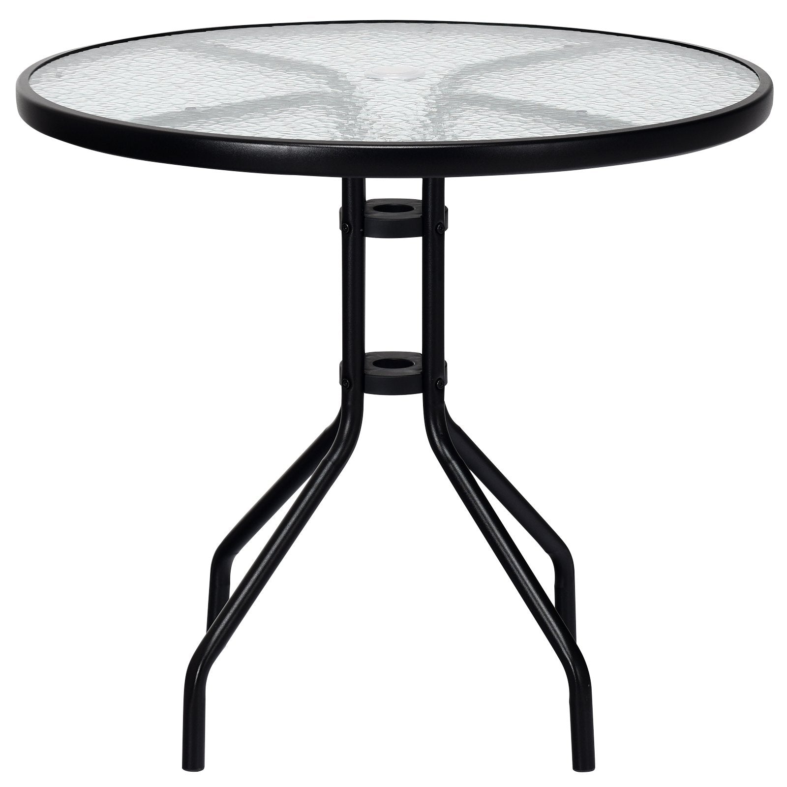 32 Inch Outdoor Patio Round Tempered Glass Top Table with Umbrella Hole, Transparent Patio Dining Tables   at Gallery Canada