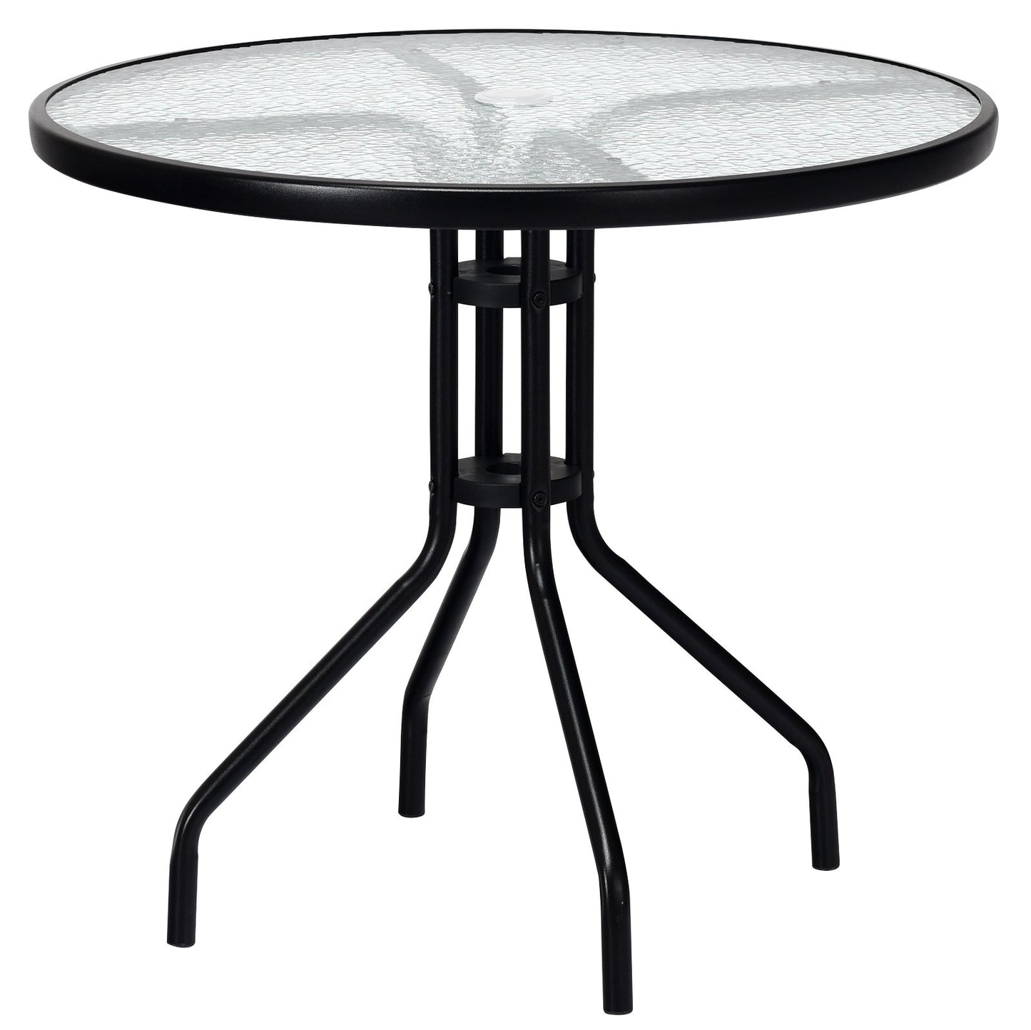 32 Inch Outdoor Patio Round Tempered Glass Top Table with Umbrella Hole, Transparent Patio Dining Tables   at Gallery Canada