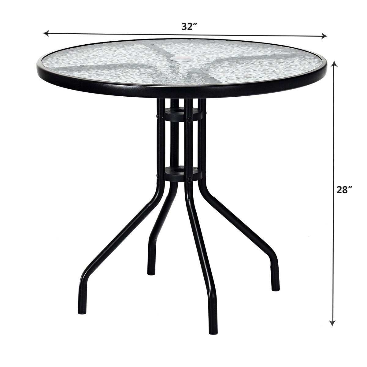 32 Inch Outdoor Patio Round Tempered Glass Top Table with Umbrella Hole, Transparent Patio Dining Tables   at Gallery Canada