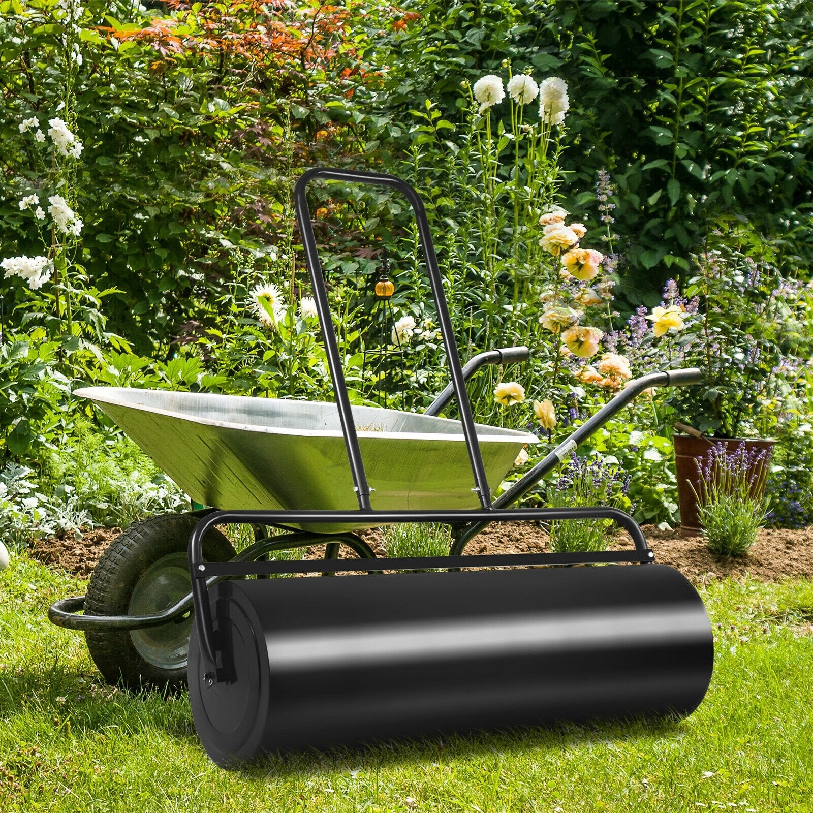 36 x 12 Inch Tow Lawn Roller Water Filled Metal Push Roller, Black Lawn Care Tools   at Gallery Canada