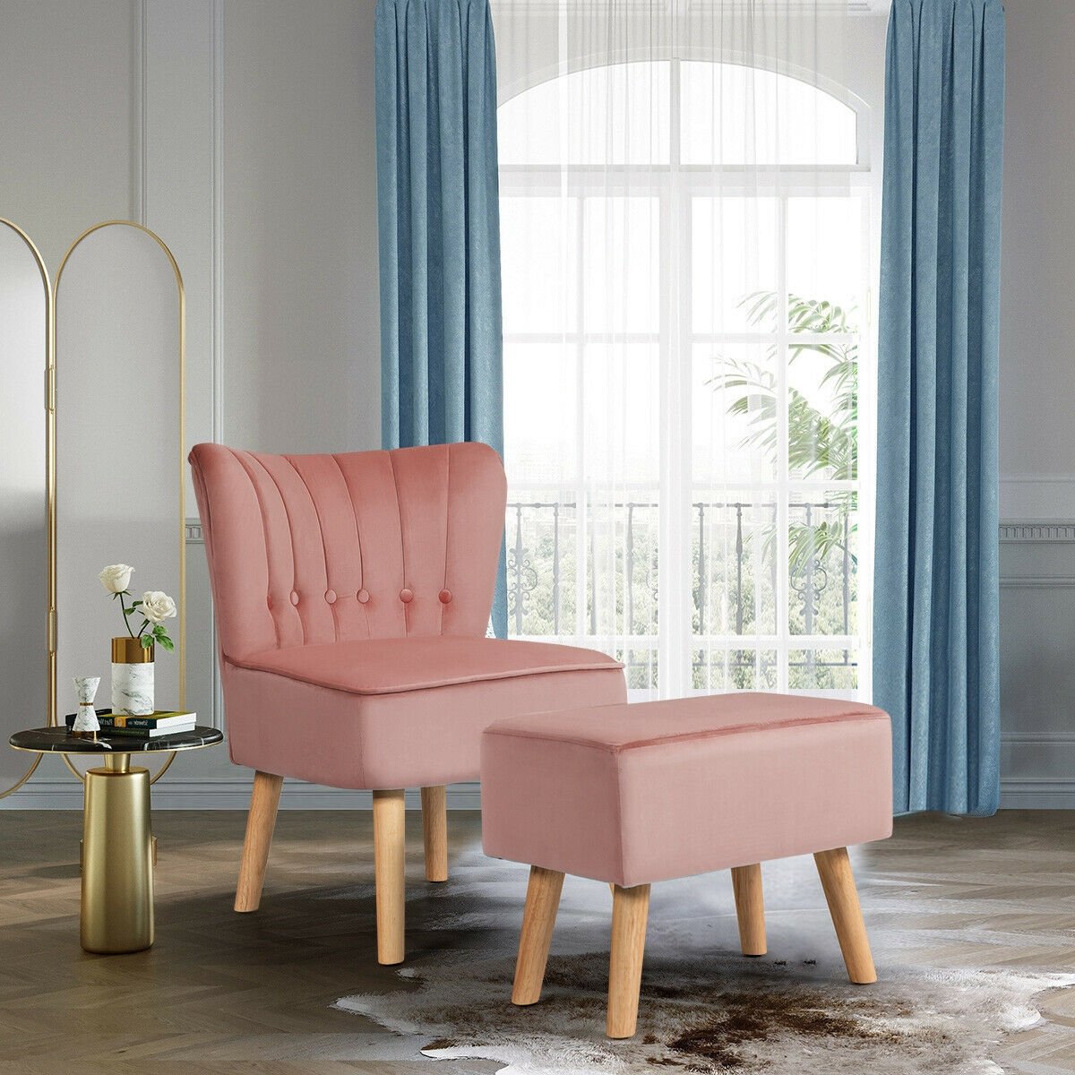 Leisure Chair and Ottoman Thick Padded Tufted Sofa Set, Pink Accent Chairs   at Gallery Canada