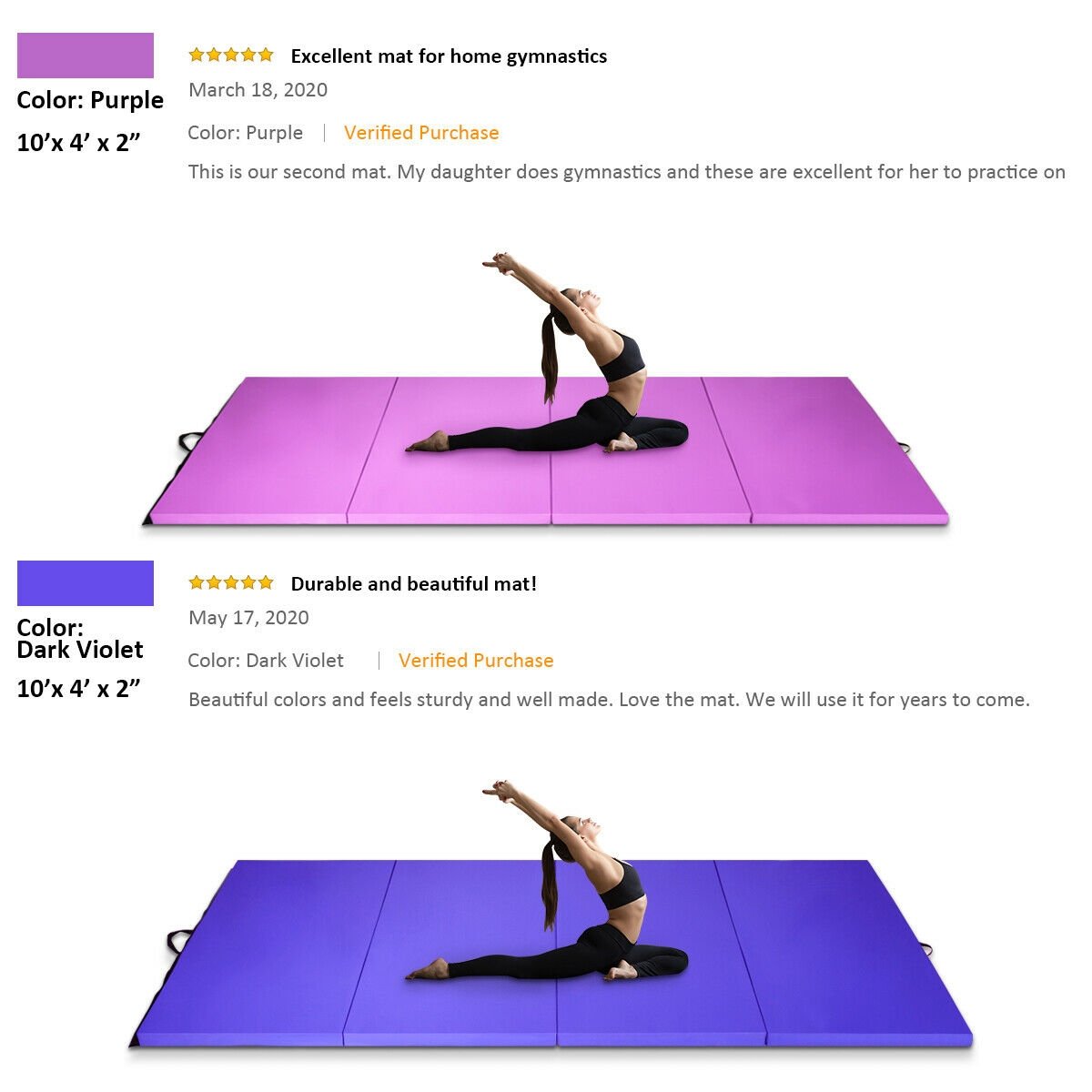 4 Feet x 10 Feet x 2 Inch Folding Gymnastics Tumbling Gym Mat, Purple - Gallery Canada