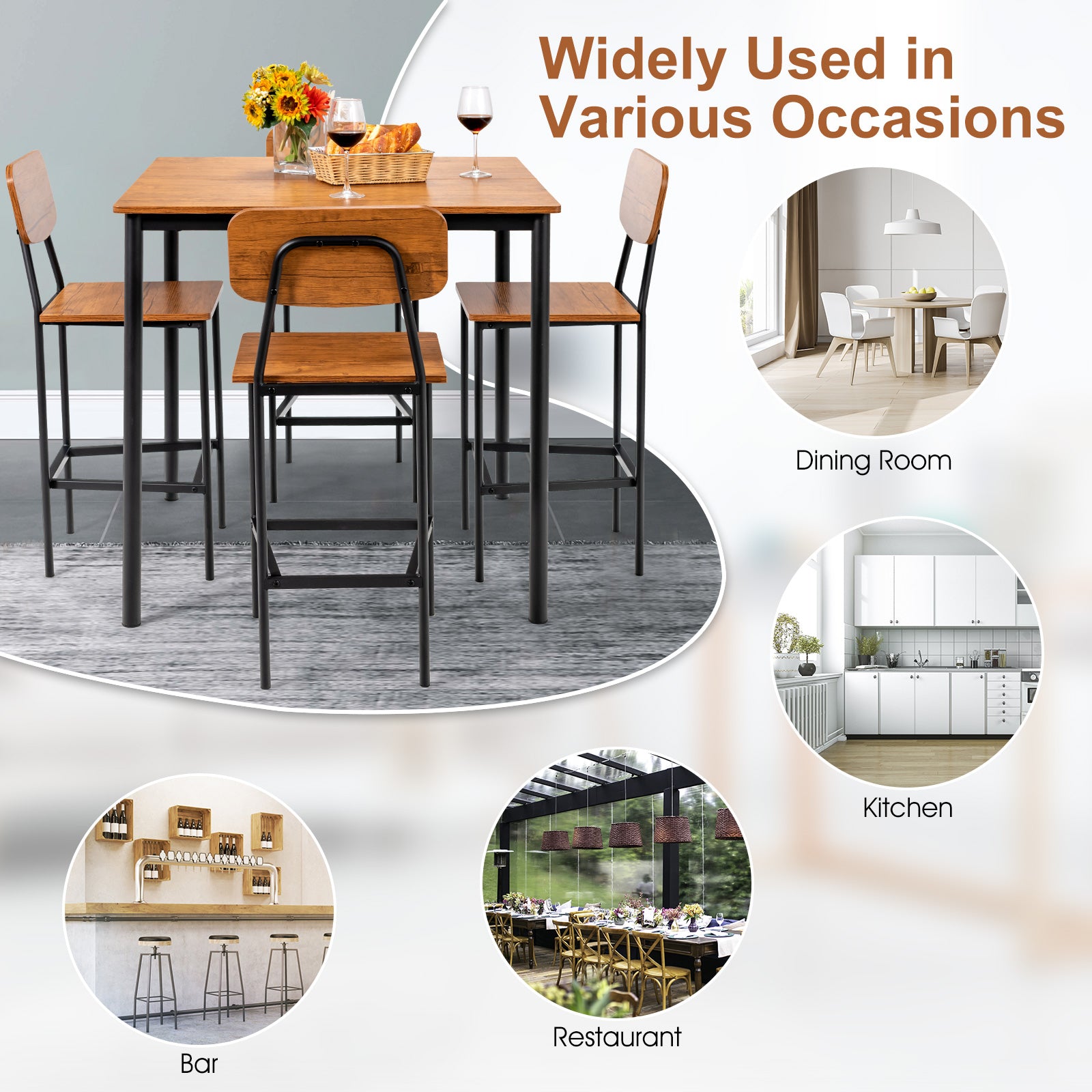 5 Pieces Industrial Dining Table Set with Counter Height Table and 4 Bar Stools, Walnut Dining Room Sets at Gallery Canada