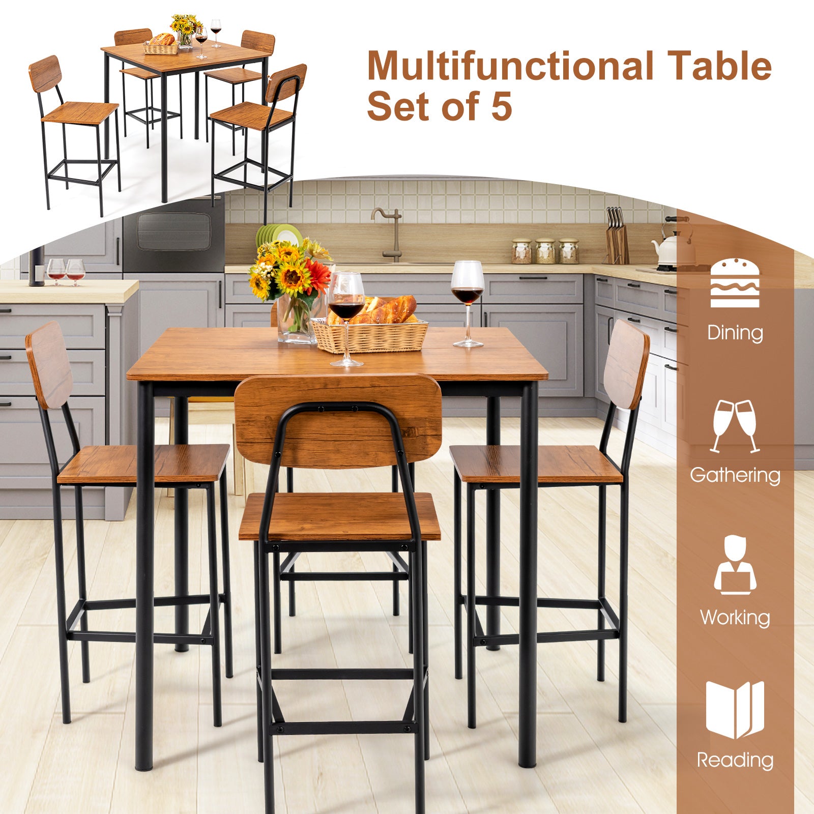 5 Pieces Industrial Dining Table Set with Counter Height Table and 4 Bar Stools, Walnut Dining Room Sets at Gallery Canada