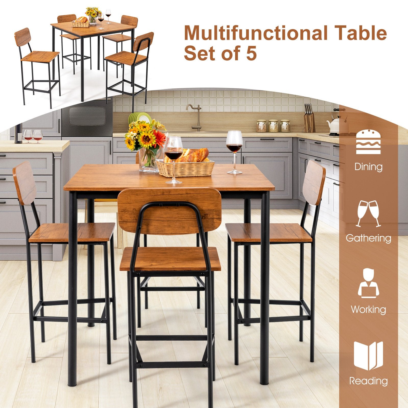 5 Pieces Industrial Dining Table Set with Counter Height Table and 4 Bar Stools, Walnut Dining Room Sets   at Gallery Canada