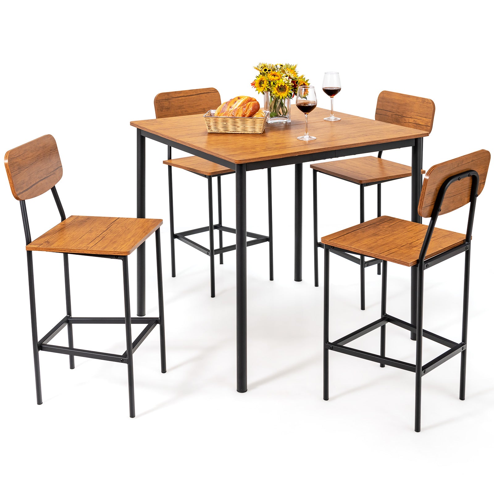 5 Pieces Industrial Dining Table Set with Counter Height Table and 4 Bar Stools, Walnut Dining Room Sets at Gallery Canada
