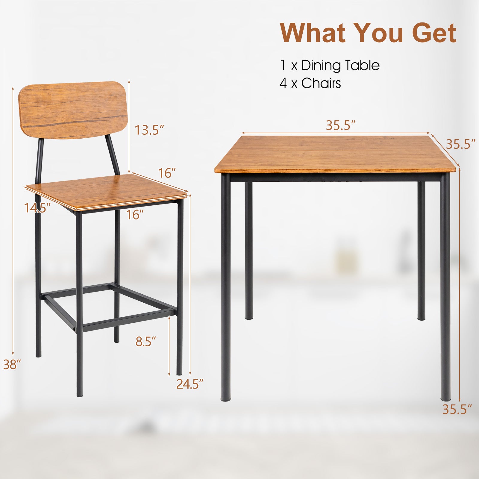 5 Pieces Industrial Dining Table Set with Counter Height Table and 4 Bar Stools, Walnut Dining Room Sets at Gallery Canada