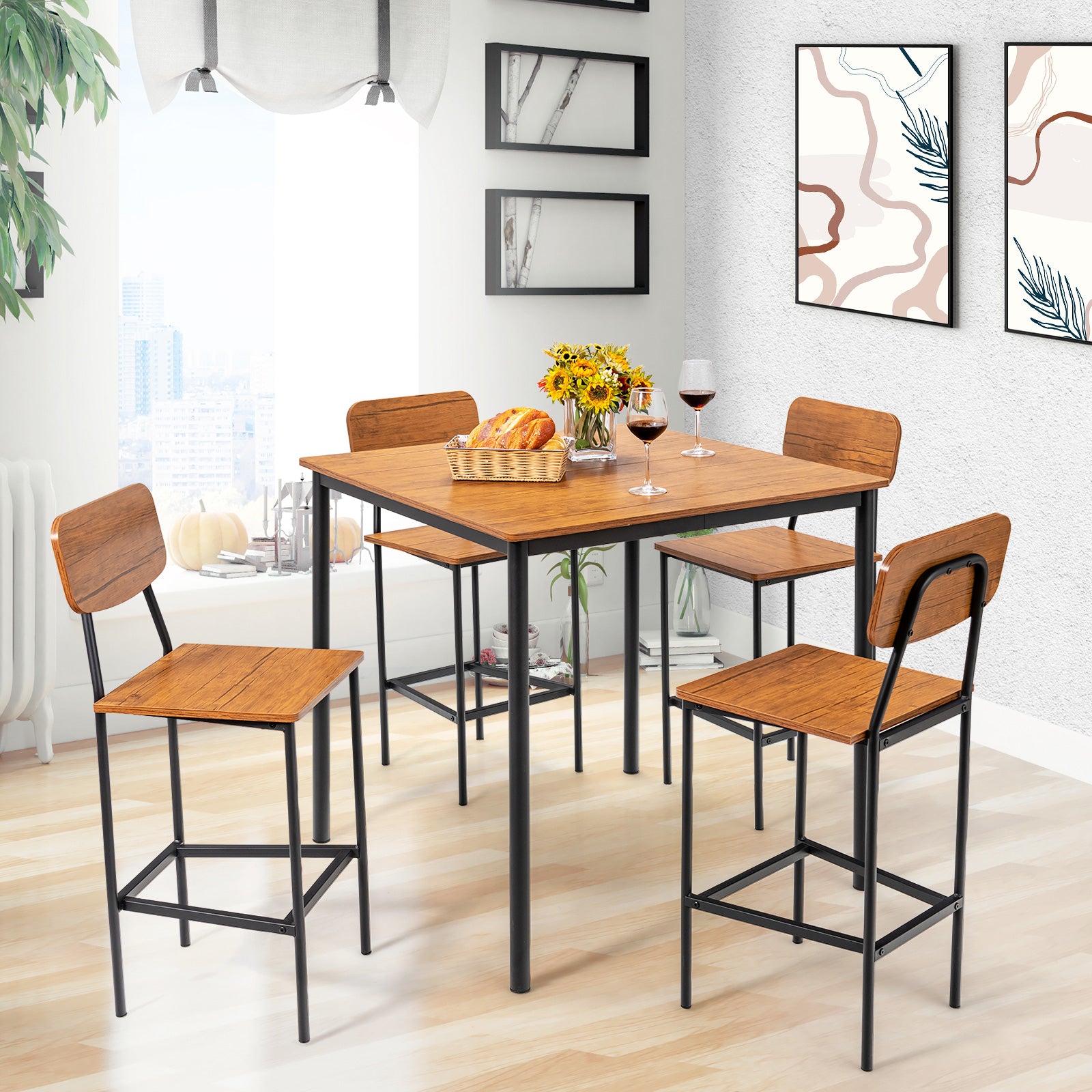 5 Pieces Industrial Dining Table Set with Counter Height Table and 4 Bar Stools, Walnut Dining Room Sets at Gallery Canada