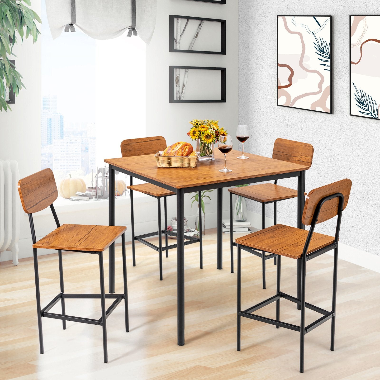 5 Pieces Industrial Dining Table Set with Counter Height Table and 4 Bar Stools, Walnut Dining Room Sets   at Gallery Canada