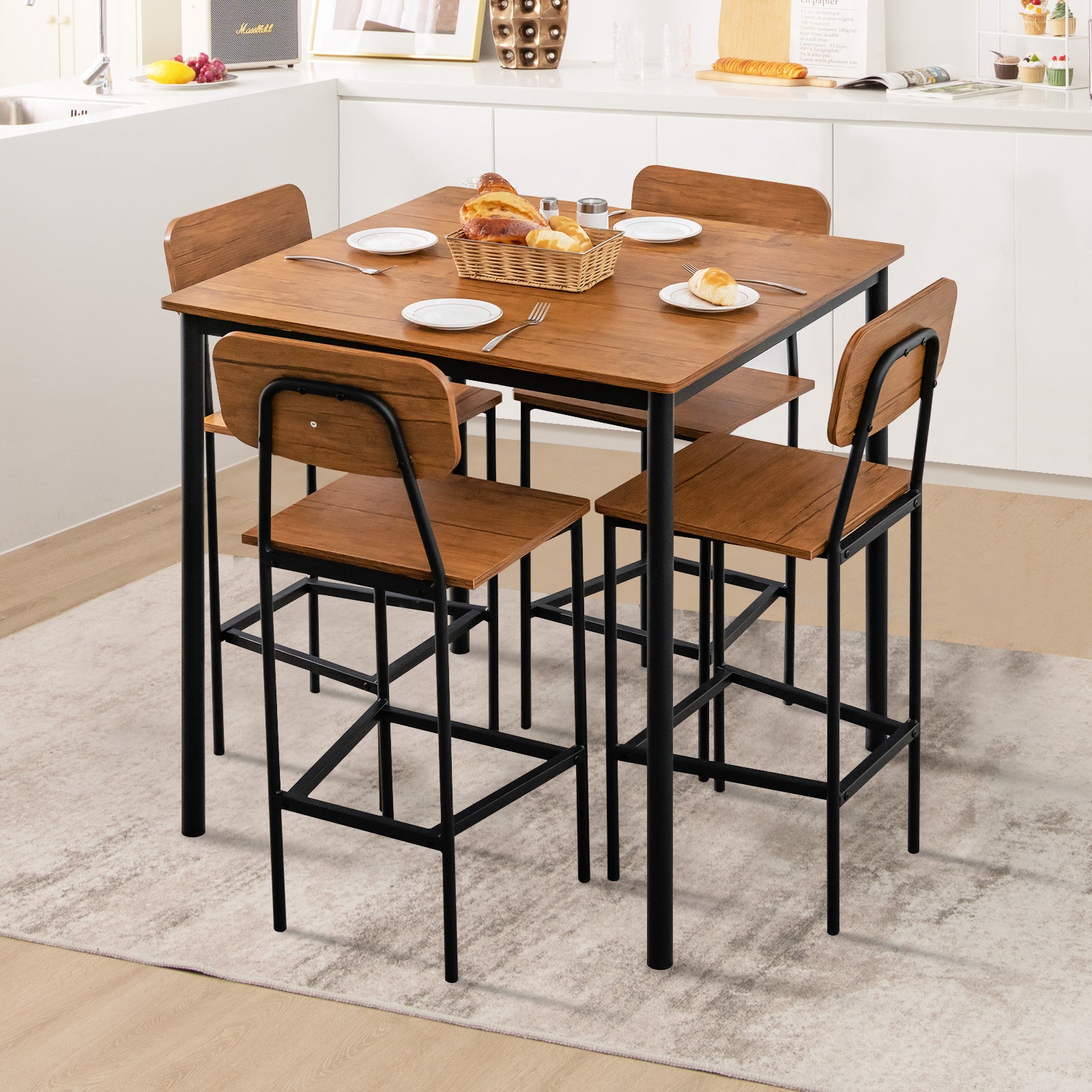 5 Pieces Industrial Dining Table Set with Counter Height Table and 4 Bar Stools, Walnut Dining Room Sets at Gallery Canada