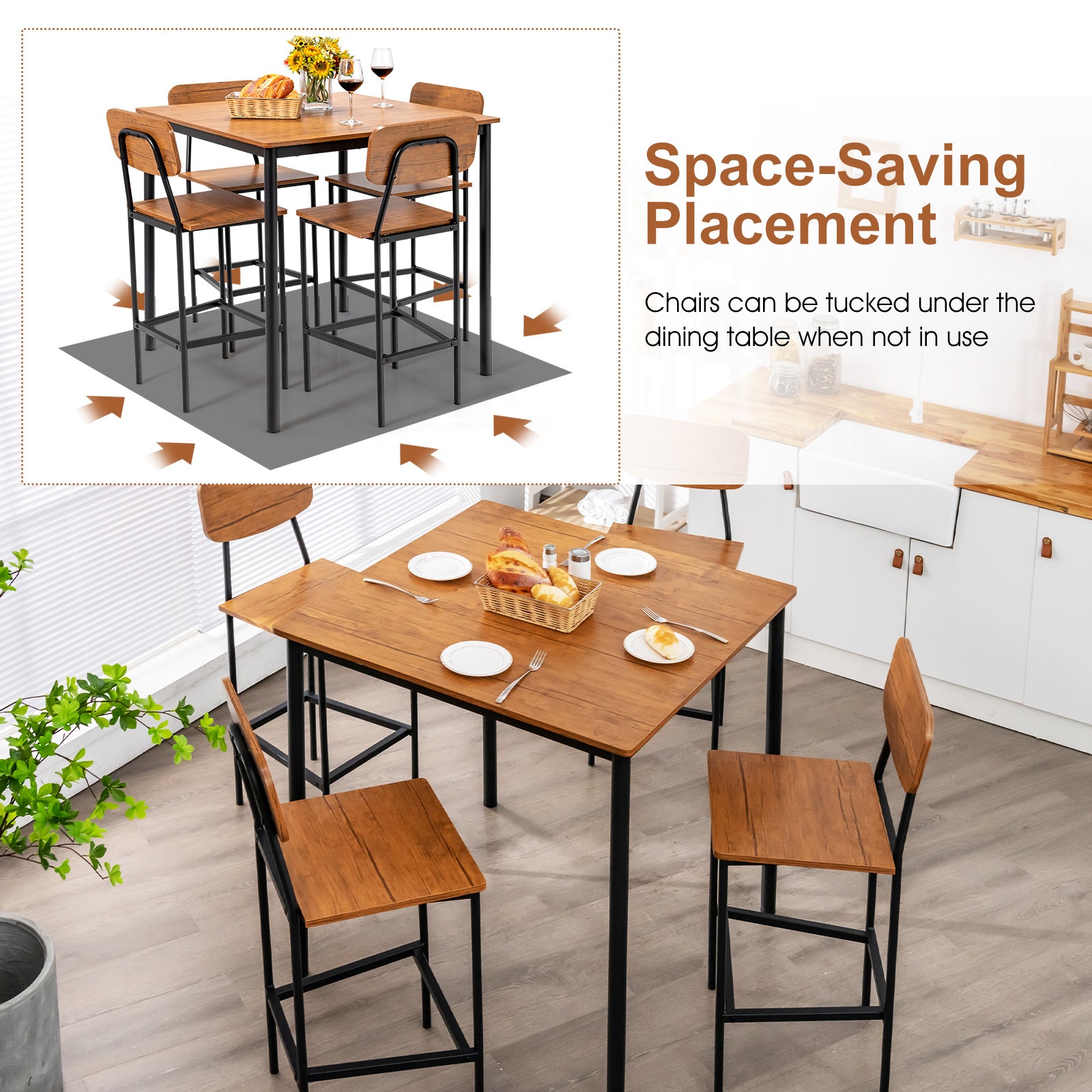 5 Pieces Industrial Dining Table Set with Counter Height Table and 4 Bar Stools, Walnut Dining Room Sets at Gallery Canada