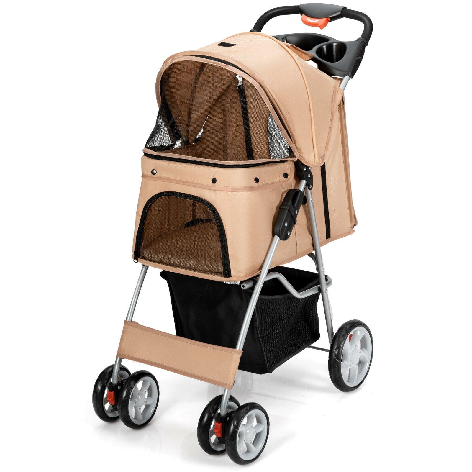 Foldable 4-Wheel Pet Stroller with Storage Basket, Beige Dog Supplies   at Gallery Canada