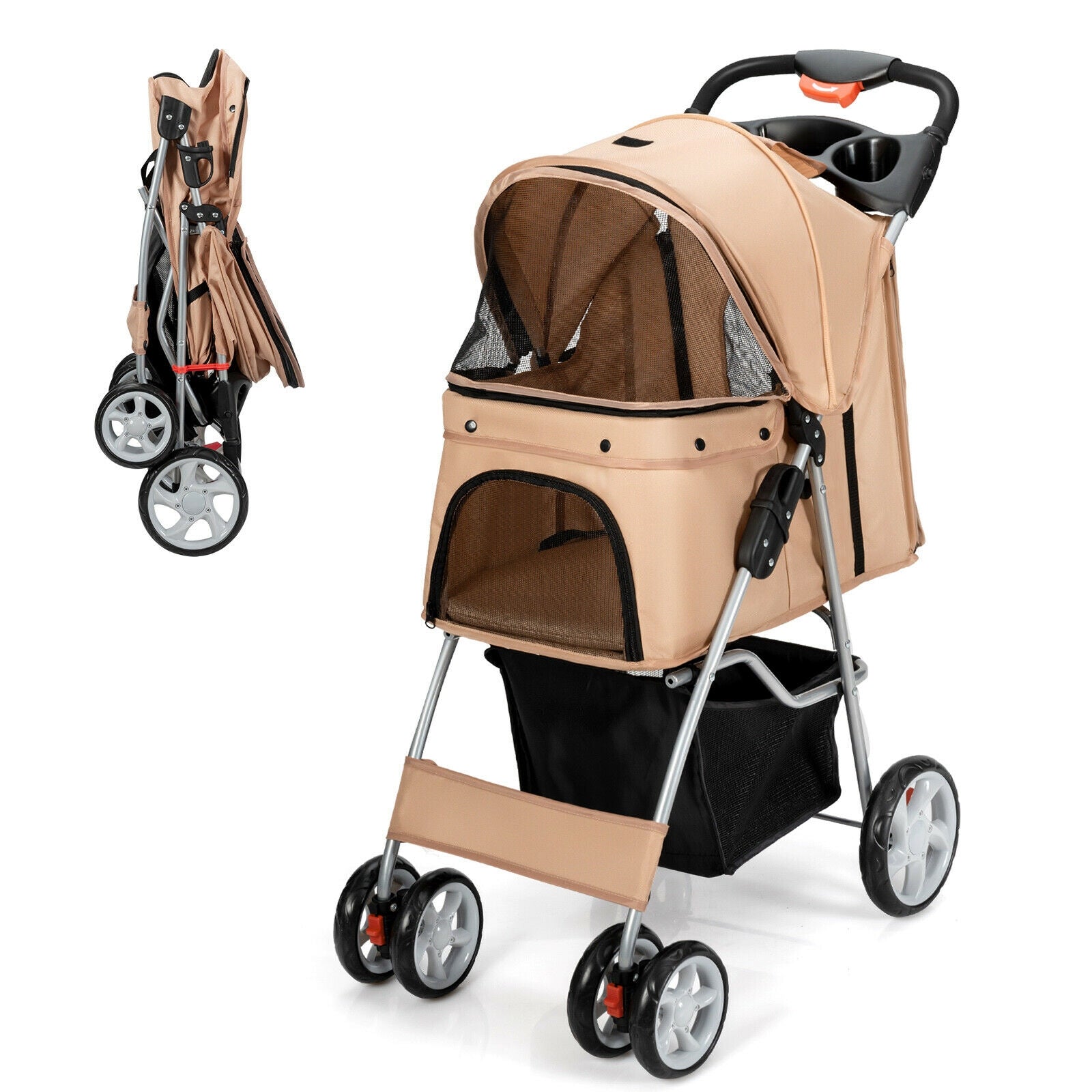 Foldable 4-Wheel Pet Stroller with Storage Basket, Beige Dog Supplies Beige  at Gallery Canada