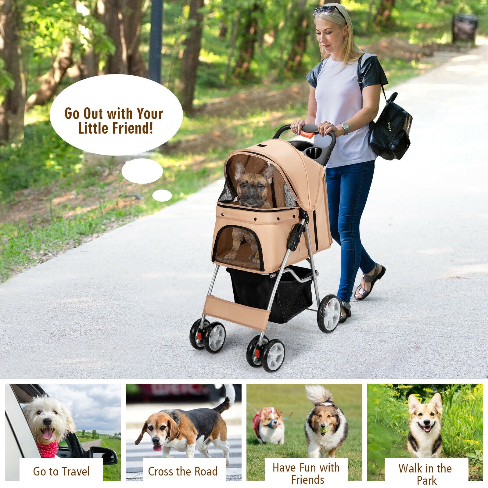 Foldable 4-Wheel Pet Stroller with Storage Basket, Beige Dog Supplies   at Gallery Canada