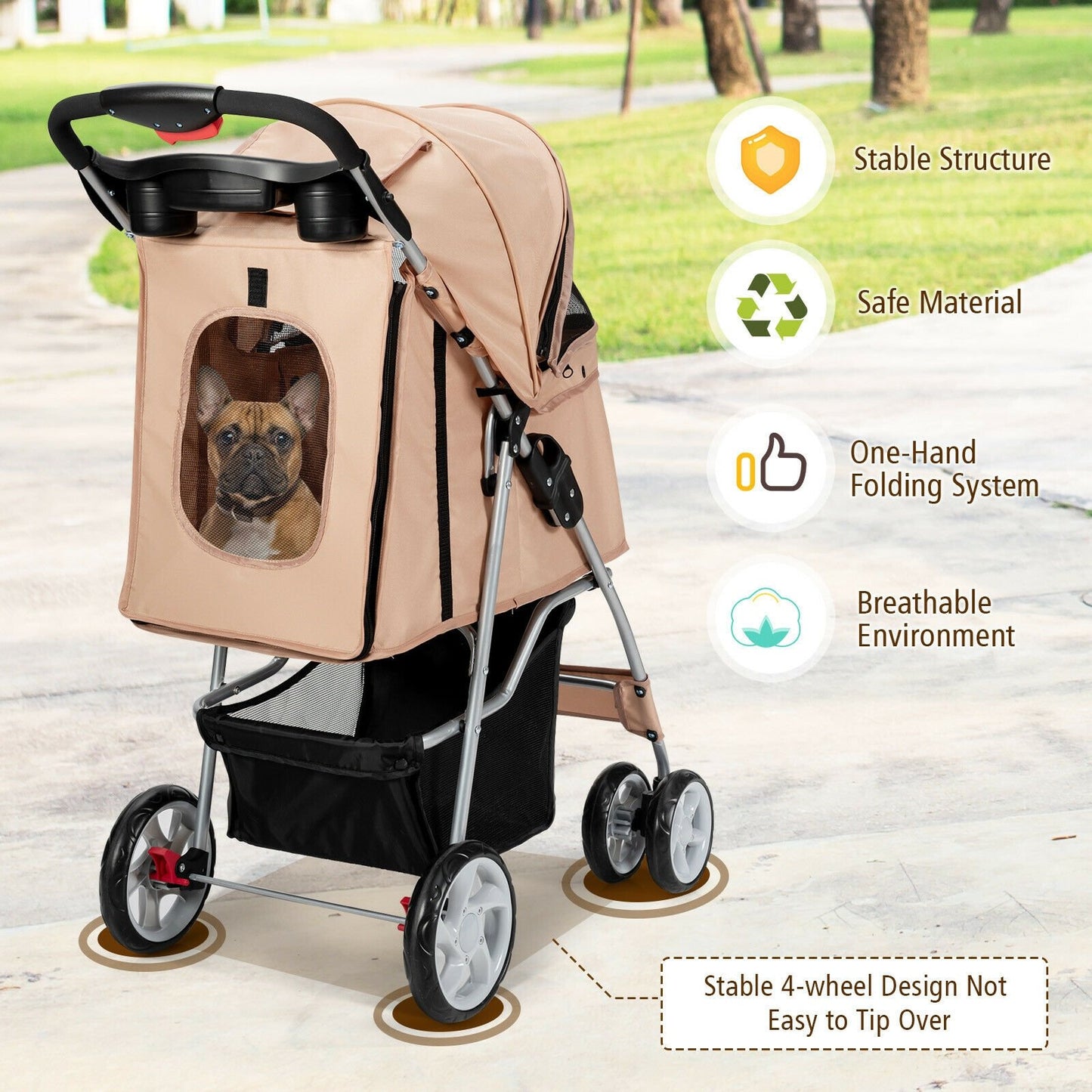 Foldable 4-Wheel Pet Stroller with Storage Basket, Beige - Gallery Canada