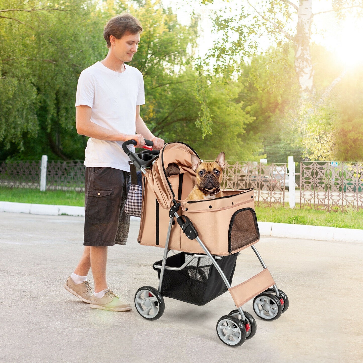 Foldable 4-Wheel Pet Stroller with Storage Basket, Beige Dog Supplies   at Gallery Canada