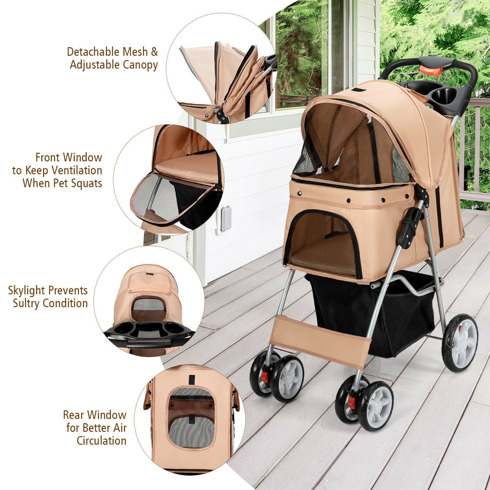 Foldable 4-Wheel Pet Stroller with Storage Basket, Beige Dog Supplies   at Gallery Canada