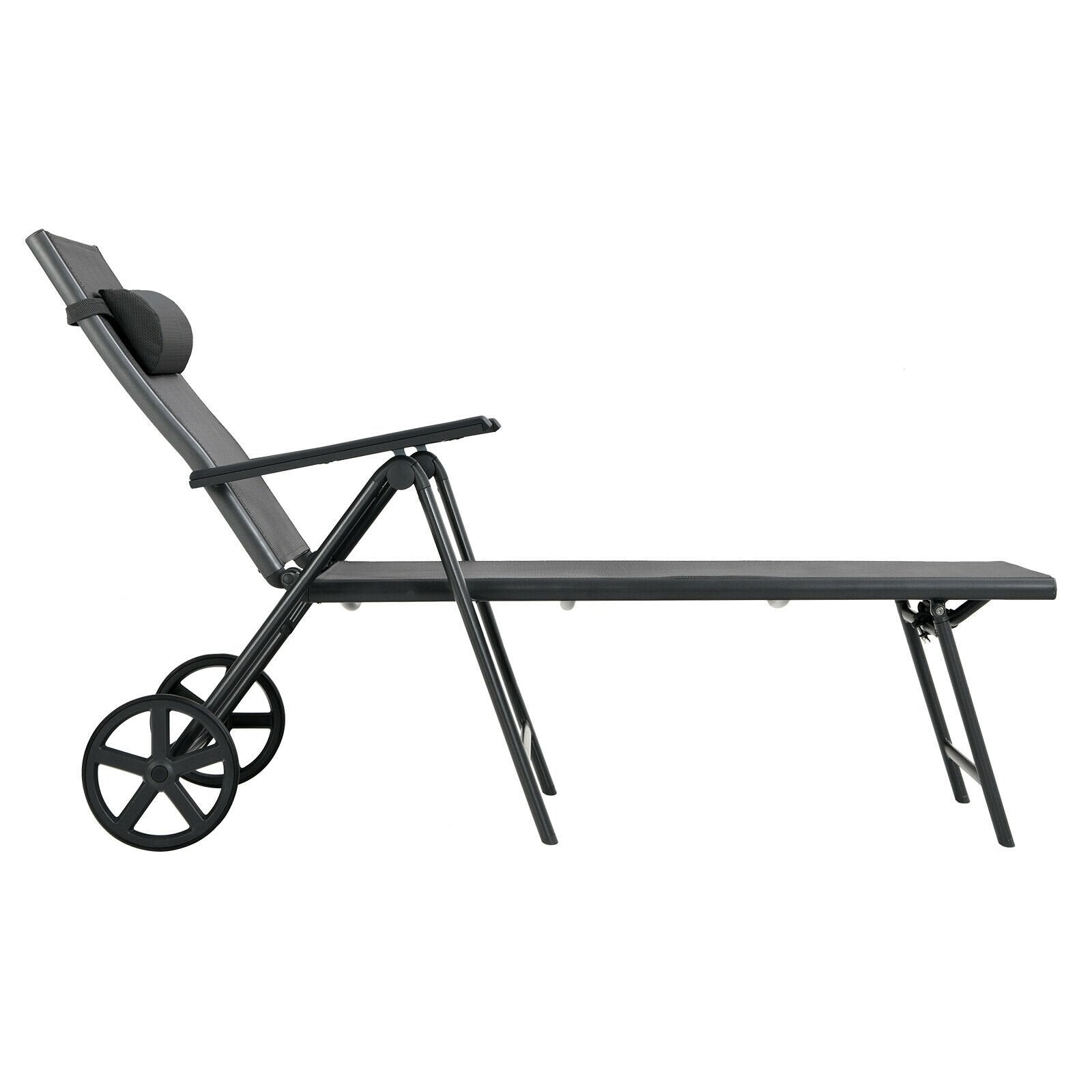 Patio Lounge Chair with Wheels Neck Pillow Aluminum Frame Adjustable, Gray Outdoor Chaise Lounges   at Gallery Canada